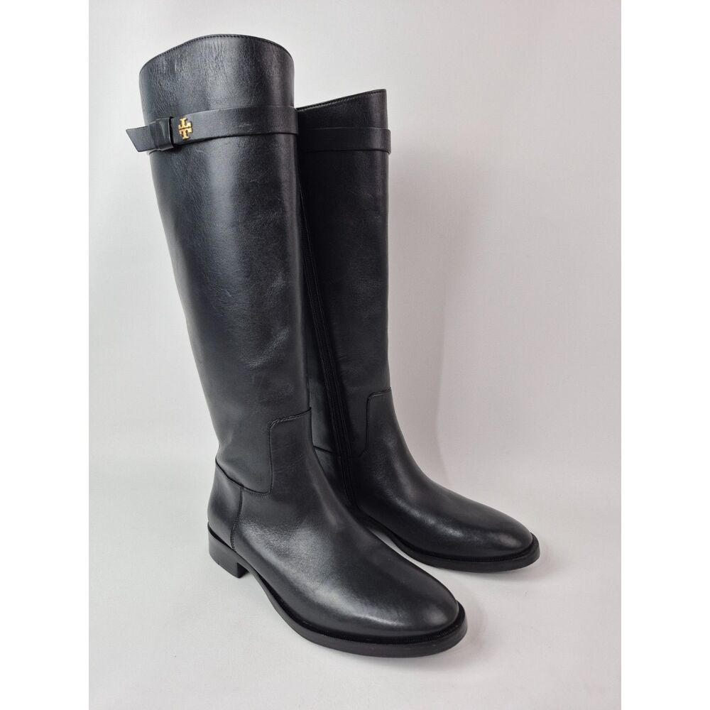 Tory Burch Women's Black Everly Strap Riding Boots Leather Size 7.5 Wide Calf